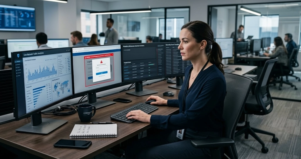 Analytik v bezpečnostním týmu sleduje přihlašovací okno na obrazovce